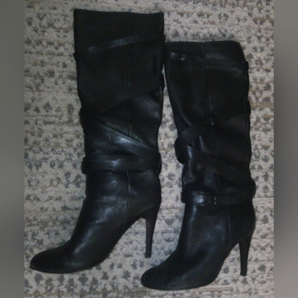 Moto Chic Rosegold Strappy Italian Leather Knee High Boot in Black Sz 10